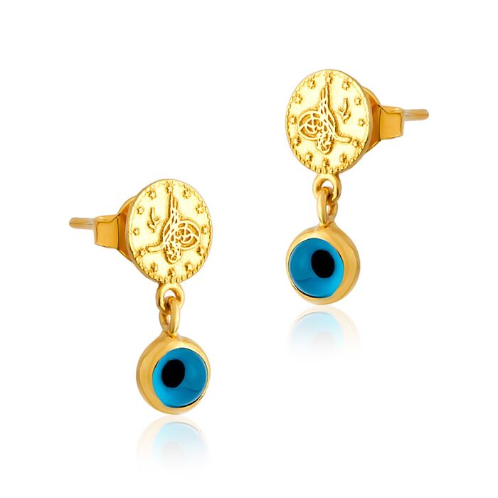 Evil Eye Beaded Tugra Yellow Gold Earrings 14K