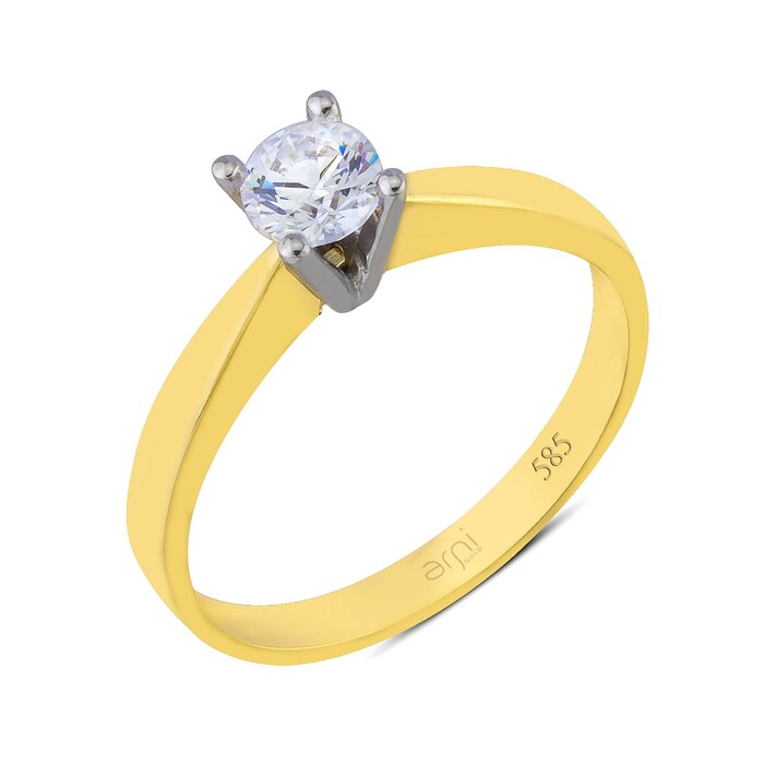 Arnigold - Sarı Beyaz Altın Tektaş Yüzük 14 Ayar ART- 204